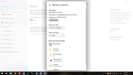 Backup settings as a pop up dialog