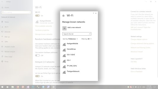 Manage known networks Wi-Fi settings as a pop up dialog